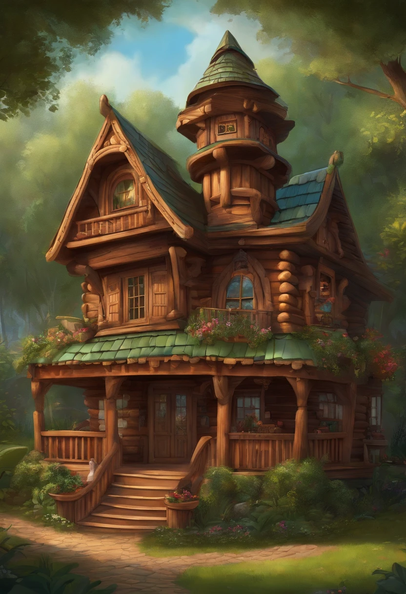 Drawing of a very funny wooden house, style 2d, style disney