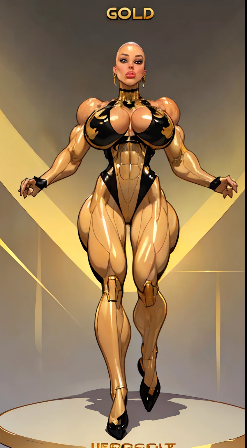 8k ((long neck:1.5))((full body view))((view from below:1.5)),(large eyes:1.3), defined cheekbones, looking back, ((the pit style:1.4))((sleek gold bodysuit:1.6)) ((intricate translucent details:1.4))detailed face:1.5), translucent skin,(puffy lips:1.5) (translucent skin:1.6), (bald woman:1.7), (skinhead) ((sexy pose)),(Muscular:1.6), ((gigantic breasts:1.5)), )highly detailed, majestic, digital photography, art by artgerm and ruan jia and greg rutkowski, ((clear shoulder pads:1.2)), (masterpiece),((wide shoulders:1.5)) sidelighting, intricate details, (((black and gold color palette))), body appears see through, gold torso, ((black legs))