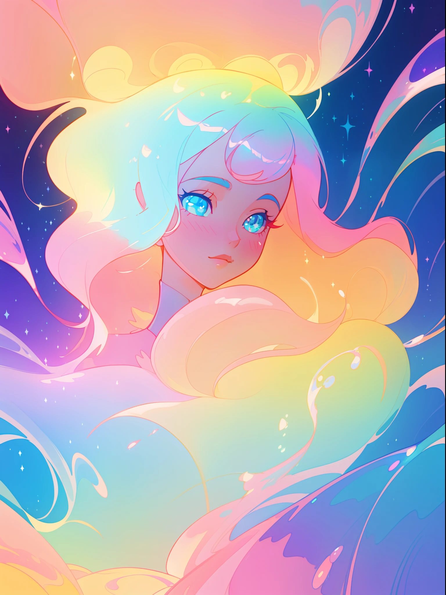 beautiful anime girl in colorful dress made of water, vibrant pastel colors, (colorful), magical liquid lights, colorful long hair made of liquid light, sparkling lines of light, inspired by Glen Keane, inspired by Lois van Baarle, disney art style, by Lois van Baarle, glowing aura around her, by Glen Keane, jen bartel, glowing lights! digital painting, flowing glowing hair, glowing flowing hair, beautiful digital illustration, fantasia background, whimsical, magical, fantasy, beautiful face, ((masterpiece, best quality)), intricate details, highly detailed, sharp focus, 8k resolution, sparkling detailed eyes, liquid watercolor