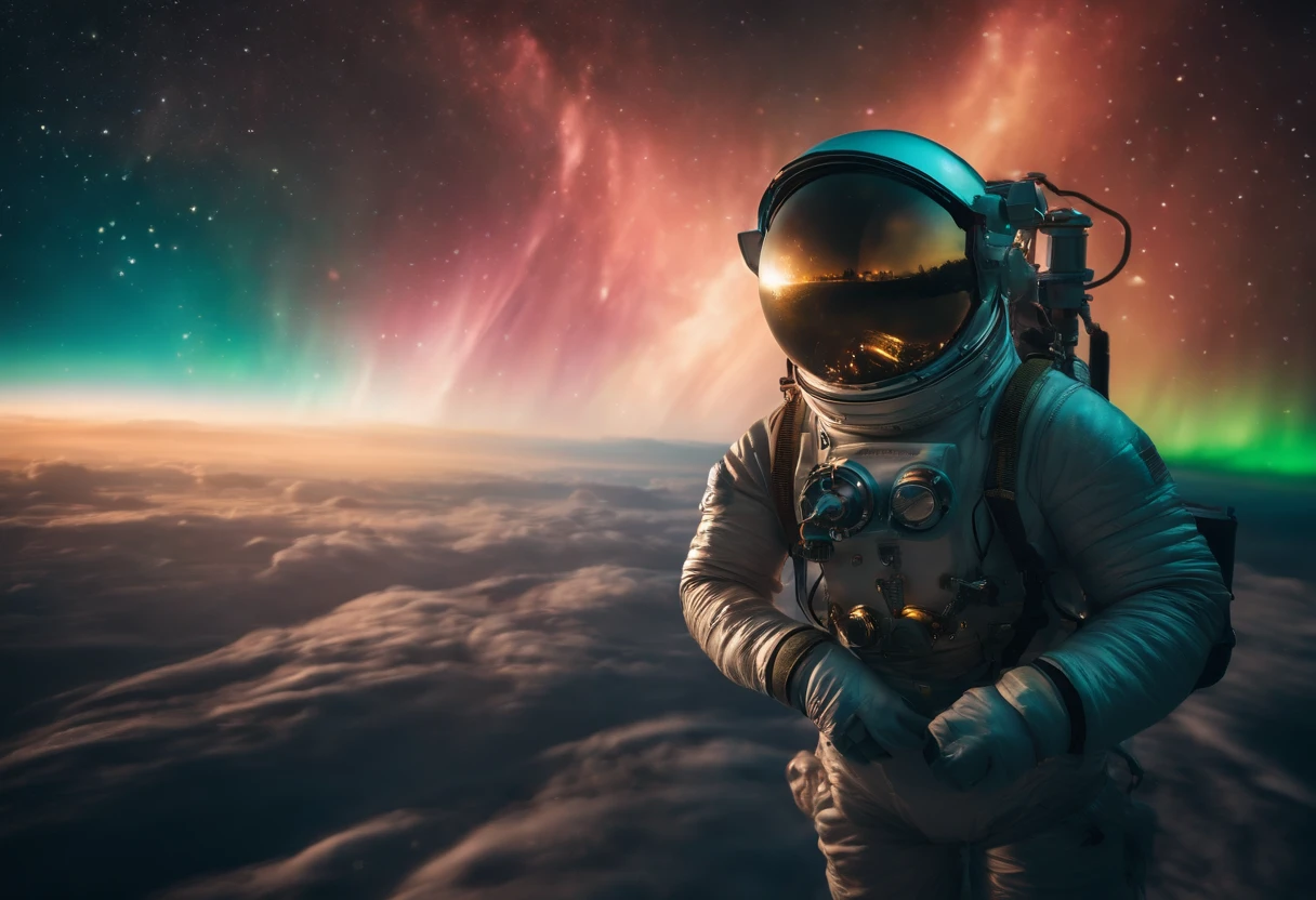 an steampunk astronaut adrift in a sea of auroras, colorful aurora in the space, realistic photography, dramatic moment, dynamic composition, detailed astronaut, perfect object, highly detailed, 128k resolution, HDR, ultra hd, masterpiece photography, 500px style