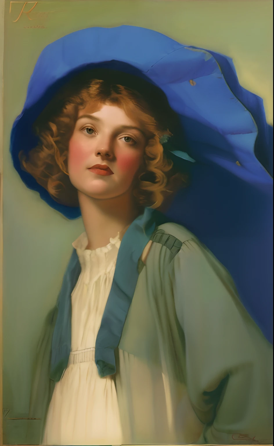 A closeup of a painting of a woman wearing a blue hat, Directed by: Harrison Fisher, Directed by: Beatrice Ethel Lithiby, e. h. Beatriz Azul, inspirado em Harrison Fisher, Directed by: Howard Chandler Christy, Directed by: Philip de Laszlo, Directed by: Harry Shoulberg, Directed by: James Montgomery Flagg, Directed by: Elizabeth Shippen Green, por Dorothy Hood