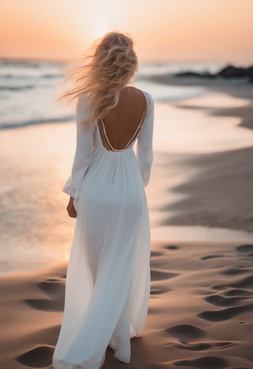Realistic white Instagram influencer, best quality, Blond, 1人, blaue Augen, in white, enger, kurzes Kleid, am strand