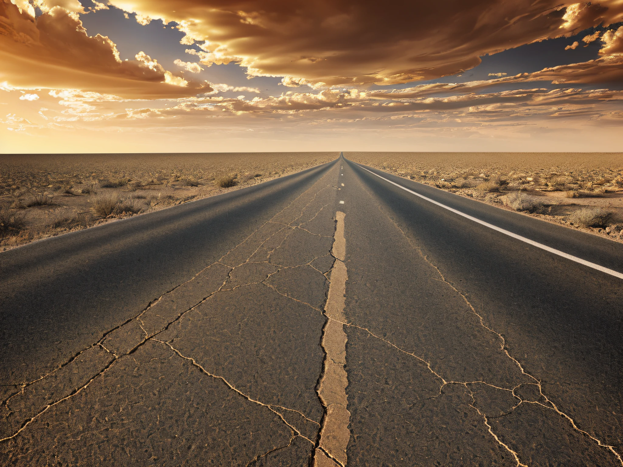 Digital illustration of a cracked stormy road in a deserted desert with grain texture and scratches
