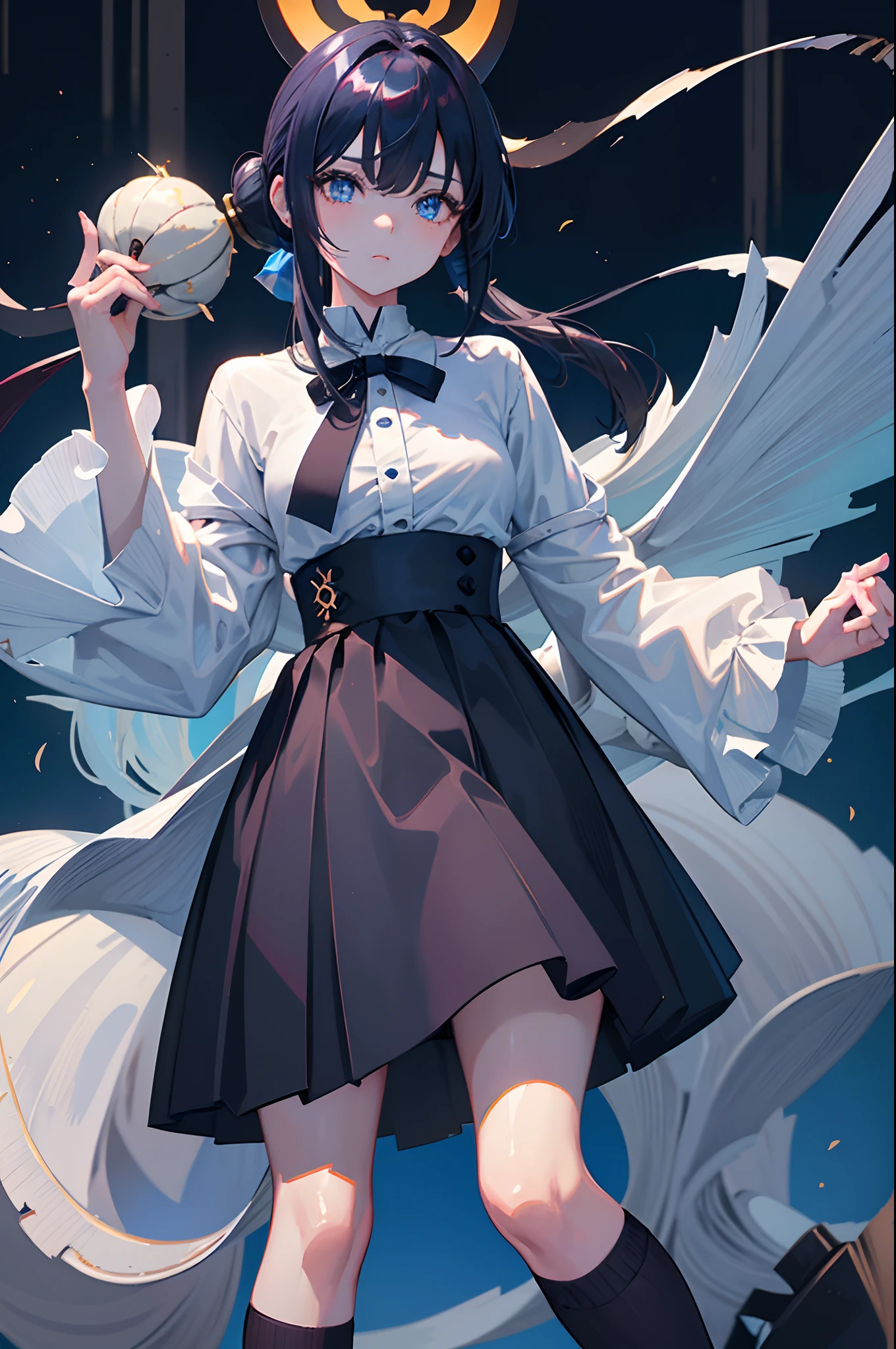 A dark-haired　blue eyess　length hair　teens girl　校服　skirt by the　poneyTail　borgar　pumpkins　Gingko tree　​masterpiece　Top image quality　Clear　cinematic shadow　Increased attractiveness of the eyes　Clear the shine of the eyes　Draw eyelashes neatly　Perfect Eye　A detailed eye　Sharpen image quality　Sharpen eye writing　Clear eye shape