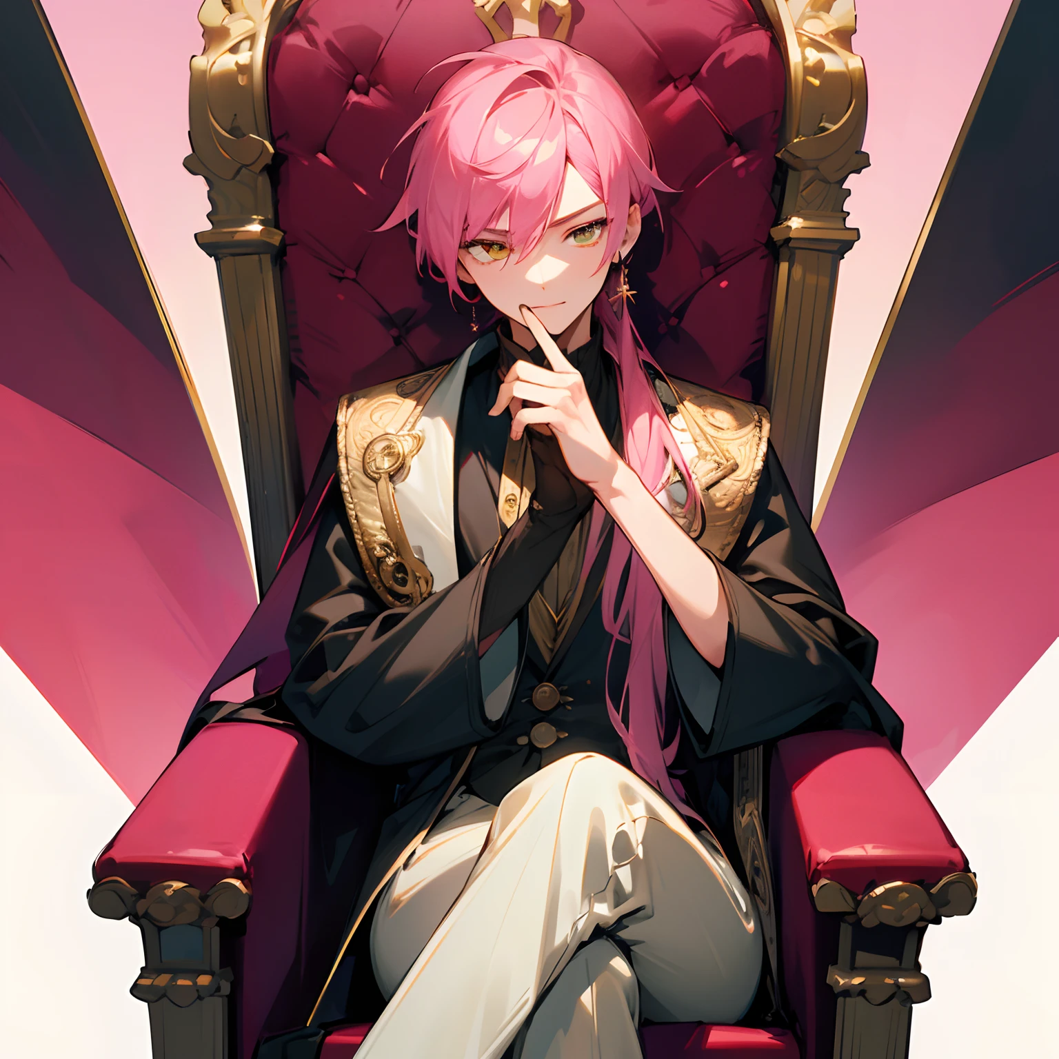 (best quality,highres),young man, sitting on throne, holding finger in front of mouth, pink hair, two hands, detailed facial features, intense gaze, confident posture, golden eyes