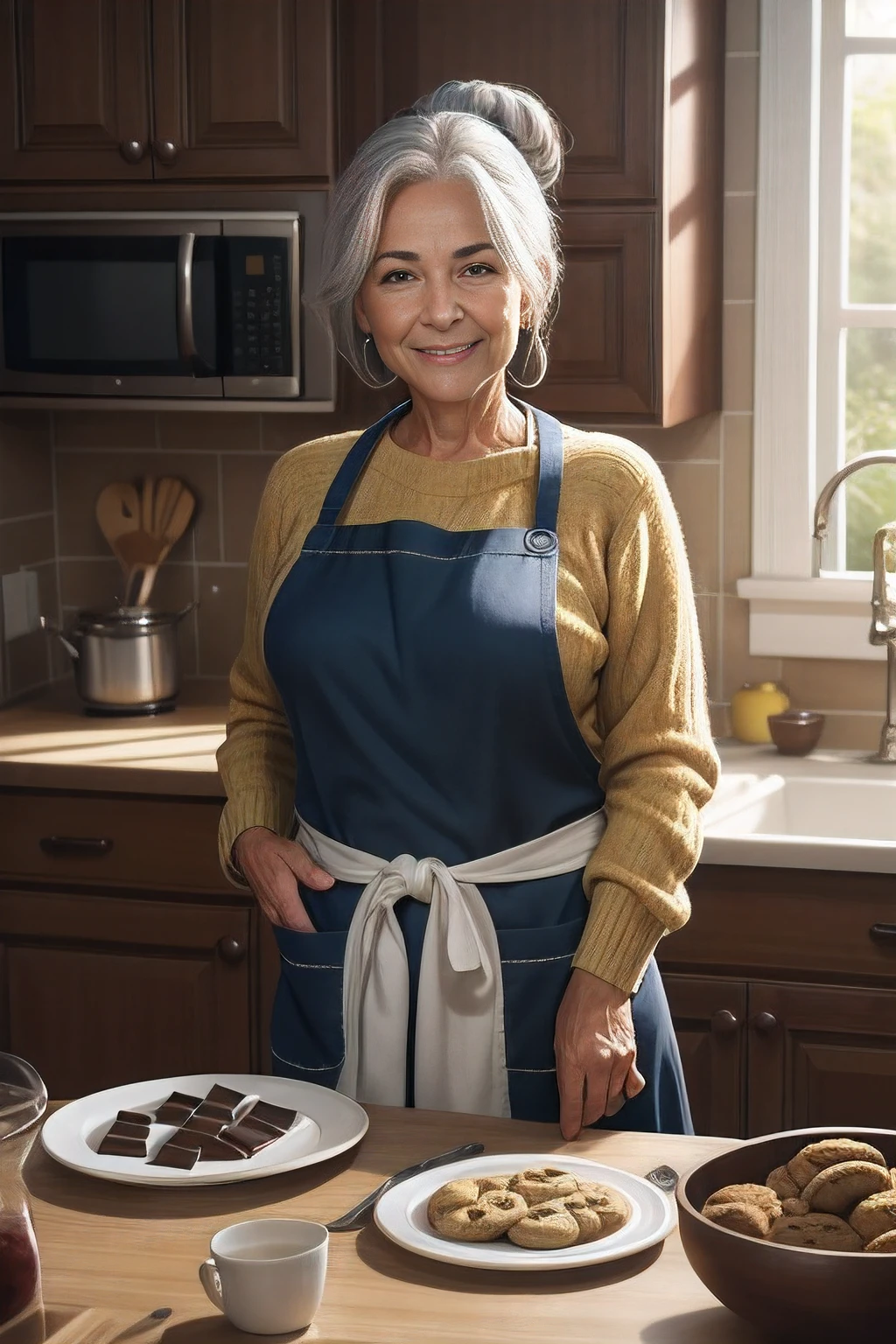 portrait of a 65-year-old woman with gray hair, seductive gaze, brown eyes, some wrinkles on her face, 8k, detailed background, wrinkles on body, showing full body, full body, quite small breasts are exposed, 5-volt,wearing red sweater, yellow apron, green pants, red flats, looking at viewer, smiling, teeth indoors,kitchen, mess on the kitchen background, holding a plate of food, cookies with chocolate ,soft lighting, extreme detail, hdr, high bun of hair on top
