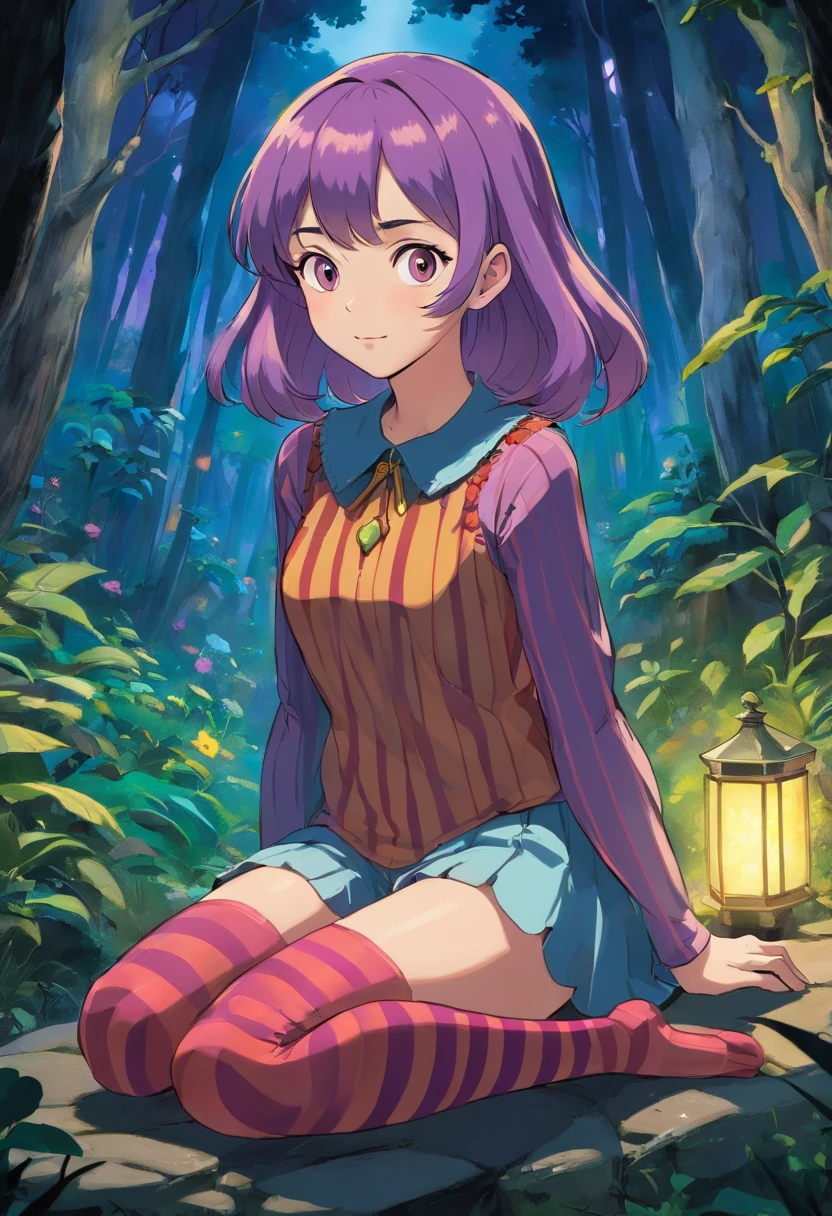 April O'Neill, buxom female joker with loose long purple hair in a striped top and striped tights, fairy forest at night, sits with legs slightly spread, looking at viewer a girl wearing an anime collar, a long necklace and earrings, in the style of tranquil gardenscapes, colorful animation stills, masami teraoka, aquamarine, paul gauguin, Embry style, honest portrayal