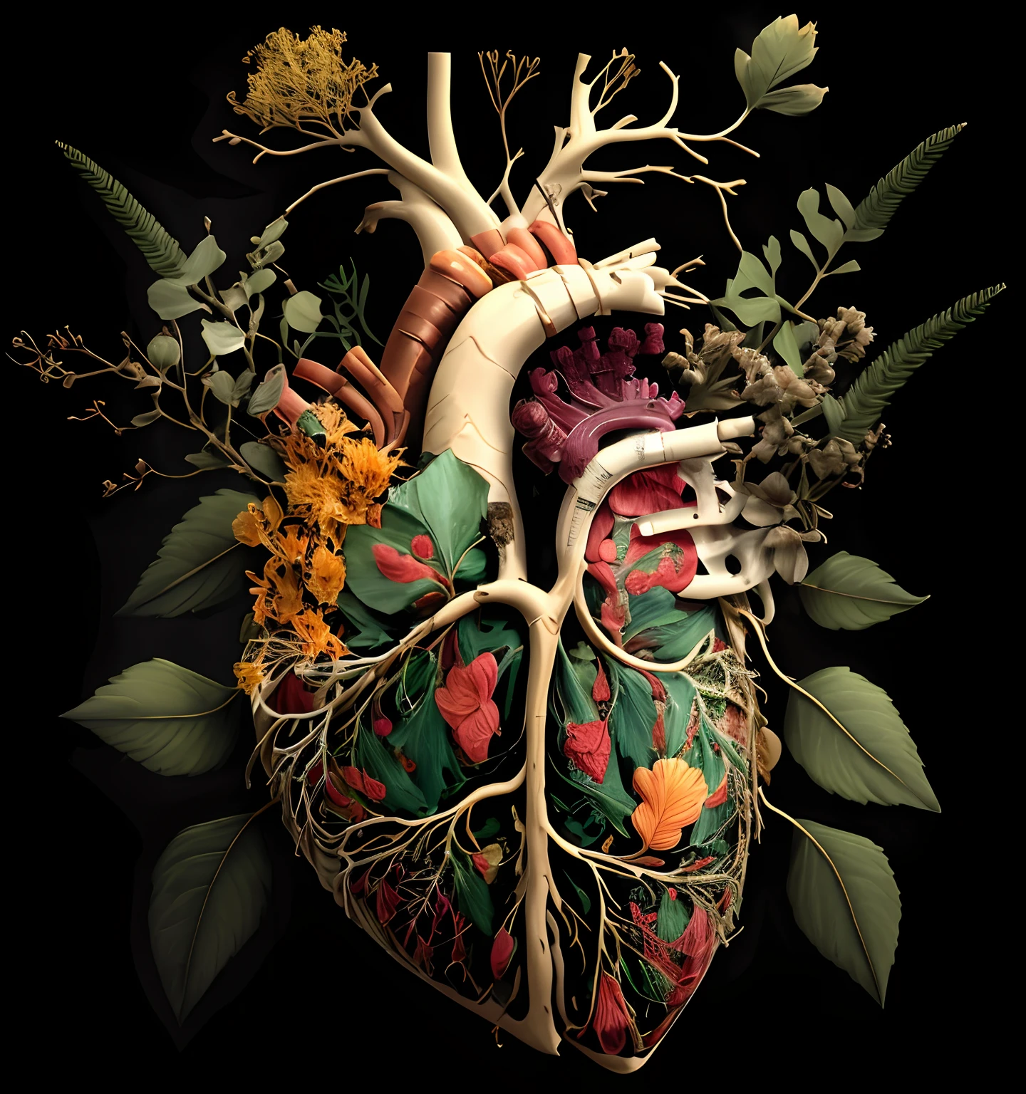 A closeup of a human heart with flowers and leaves, Heart, Rins, lungs;, real heart, anatomia detalhada intrincada, Heart human, anatomical heart, anatomical art, real heart!, heart made of flowers, intricate organic painting, Realismo super intrincado, botanical anatomy, connected to heart machines, anatomically correct heart, arte digital altamente detalhada, hiper-realista altamente intrincado, with realistic tree leaves, ..3d, 8k