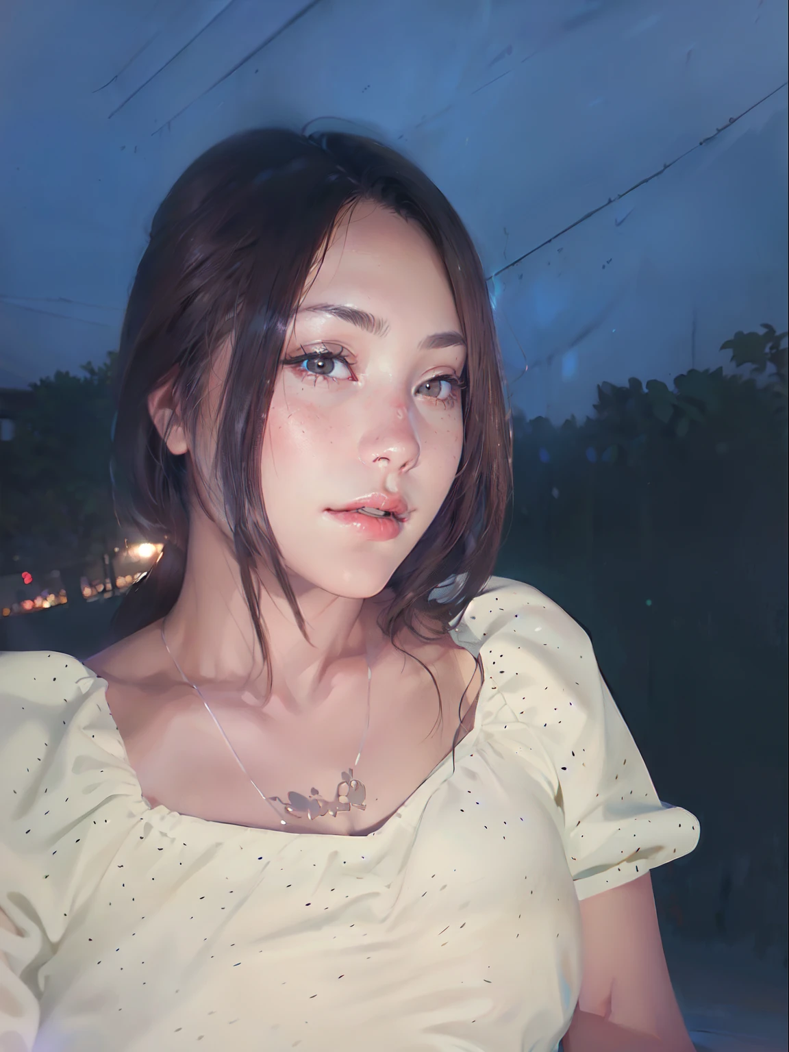 ((Realistic lighting, best qualtiy, 8k, tmasterpiece:1.3)), sharp fokus:1.2, 1girl, Beautiful Women with Perfect Figure:1.4, Slim abs:1.1, ((dark brown hair)), (White crop top:1.4),(exteriors,during night:1.1),Sit on the indoor bed,Ultra-fine face,Fine ey...