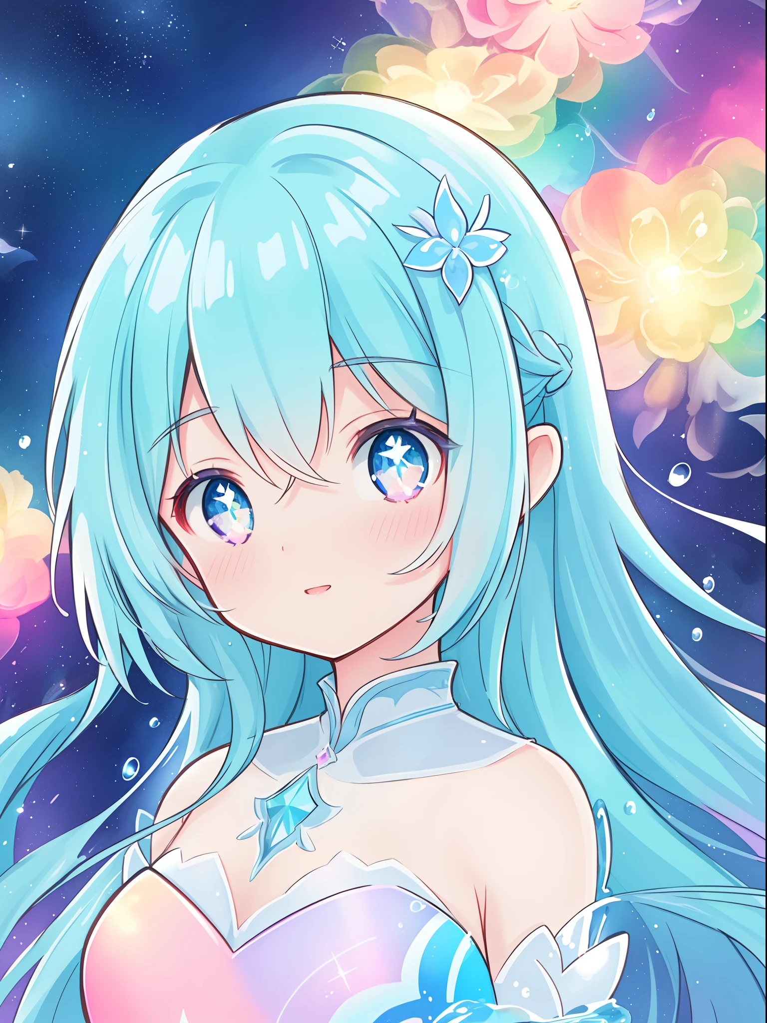 beautiful anime girl in colorful dress made of water, vibrant pastel colors, (colorful), magical liquid lights, colorful long hair made of liquid light, sparkling lines of light, inspired by Glen Keane, inspired by Lois van Baarle, disney art style, by Lois van Baarle, glowing aura around her, by Glen Keane, jen bartel, glowing lights! digital painting, flowing glowing hair, glowing flowing hair, beautiful digital illustration, fantasia background, whimsical, magical, fantasy, beautiful face, ((masterpiece, best quality)), intricate details, highly detailed, sharp focus, 8k resolution, sparkling detailed eyes, liquid watercolor