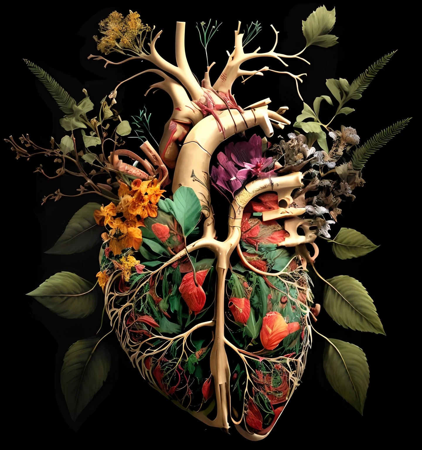 A closeup of a human heart with flowers and leaves, Heart, rins, lungs;, real heart, anatomia detalhada intrincada, Heart human, anatomical heart, anatomical art, real heart!, heart made of flowers, intricate organic painting, realismo super intrincado, botanical anatomy, connected to heart machines, anatomically correct heart, arte digital altamente detalhada, hiper-realista altamente intrincado, com folhas realisticas, 3d, 8k