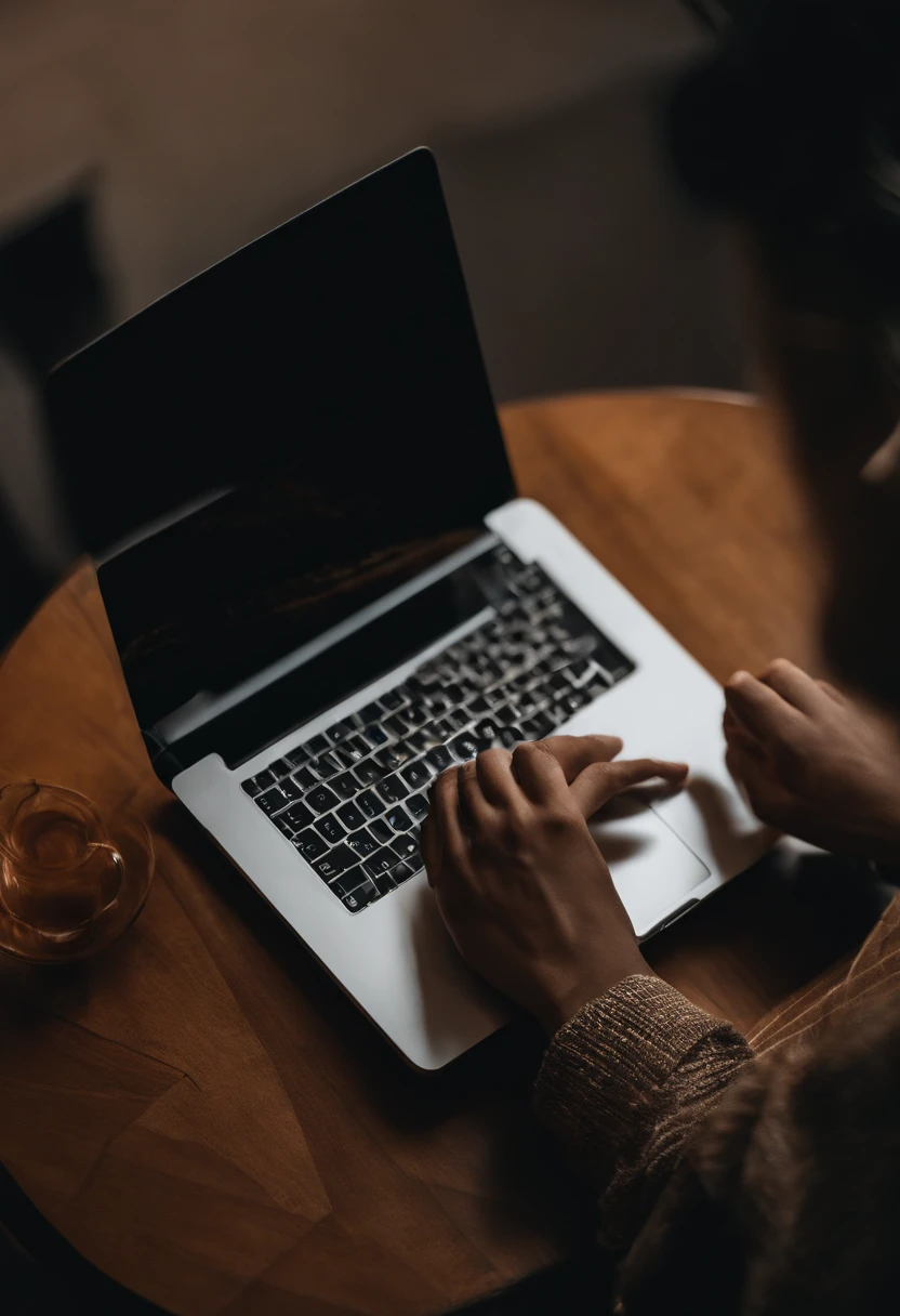 Someone is typing on a laptop with a cup of coffee, Trabalhando em um laptop em uma mesa, Fotografia de produtos de alta qualidade, fotos de produtos em tons escuros, fotografia profissional de produtos, Utilizar um MacBook, sentado em frente ao computador, 🧒 📸 🎨, Destaque no Pexels, photo rendering, dark and moody aesthetic, trending on unsplash, trending on pexels