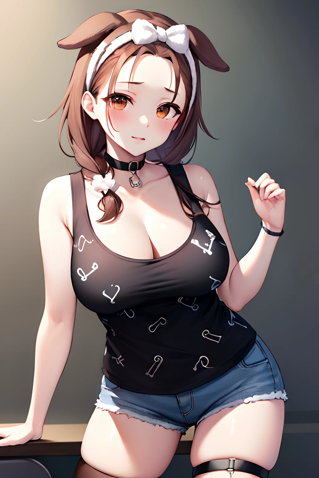 masterpiece, best quality, highres, ik3, black shirt, animal ears, brown hair, forehead, bow hairband, cleavage, black choker, large breasts, thigh strap, print shirt, sleeveless_shirt, short shorts, cowboy shot,