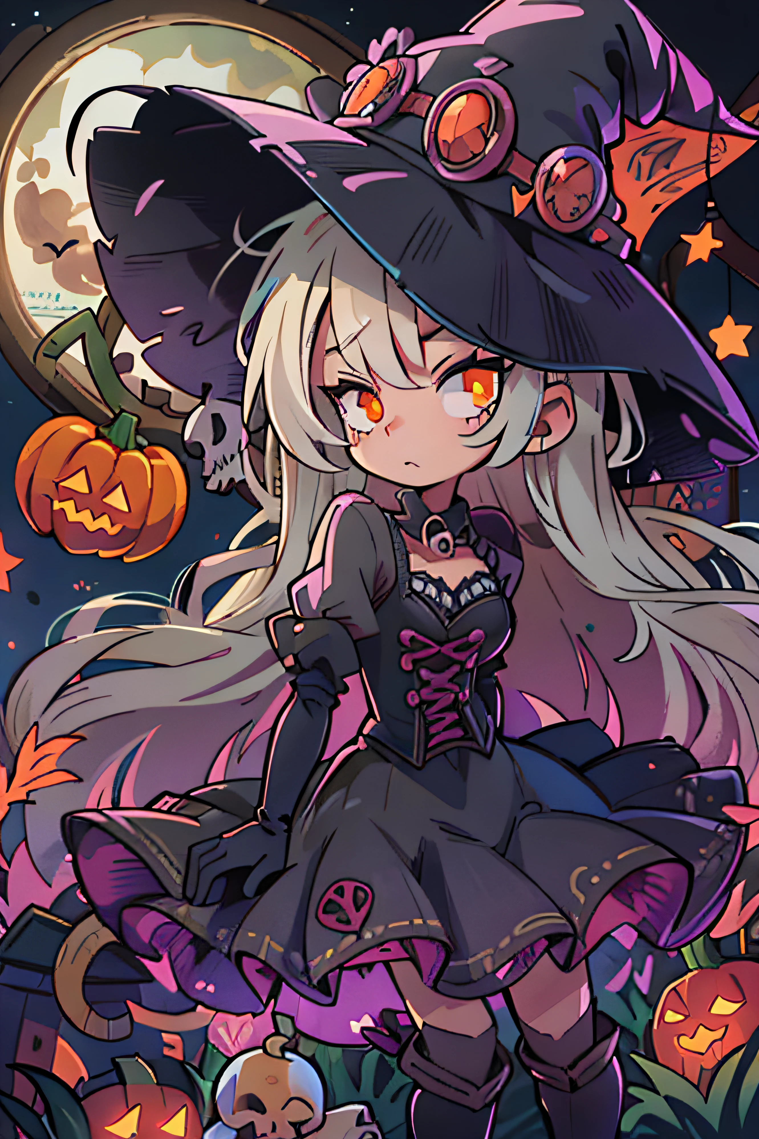 anime 1girl witch, halloween party, night, darkness, moonlight, skull, pumpkin