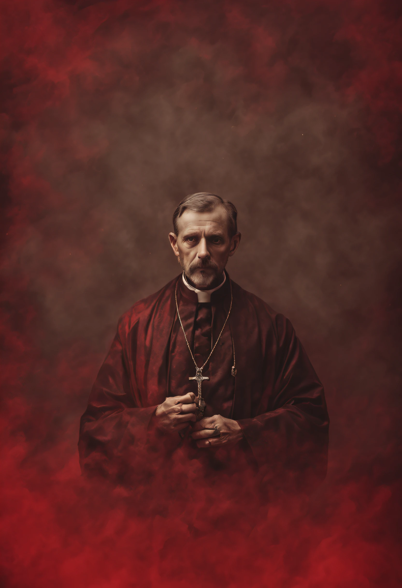 vintage photo  of an Exsorcist Priest in a red fog  atmosphere soft ciaro oscuro , cinematic compose, sharp focus, studio photo, intricate details, highly detailed clear eyes