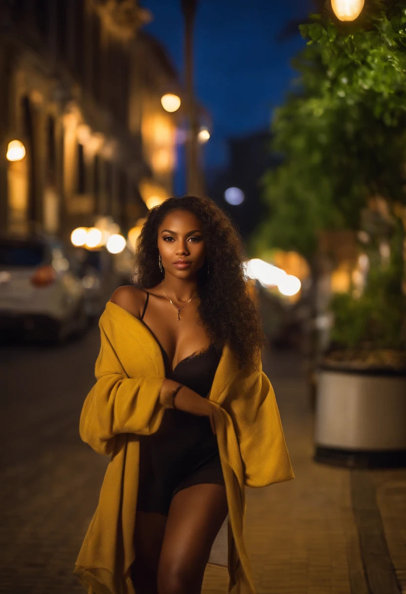 (selfie shot, from above: 1.4), (half-body portrait: 1.4), 24-year-old black mixed-race woman, green eyes (green-eyed woman),beautifull black long hair with blond highlights, walking in a bar RAW uhd portrait photo, natural big _b, city background at night, (yellow sundress), (crack), detailed (texture!, hair!, shine, color!!, flaws: 1.1), (looking at camera), specular light, dslr, extreme quality, sharp focus, sharp, dof, Film grain, (centered), Fujifilm XT3, crystal clear, center of frame, cute face, sharp focus, street lamp, neon lights, bokeh, (dark light), low key, night, (night sky ) detailed skin pores, oil light skin,