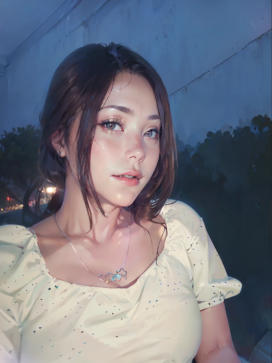 ((Realistic lighting, best qualtiy, 8k, tmasterpiece:1.3)), sharp fokus:1.2, 1girl, Beautiful Women with Perfect Figure:1.4, Slim abs:1.1, ((dark brown hair)), (White crop top:1.4),(exteriors,during night:1.1),Sit on the indoor bed,Ultra-fine face,Fine ey...