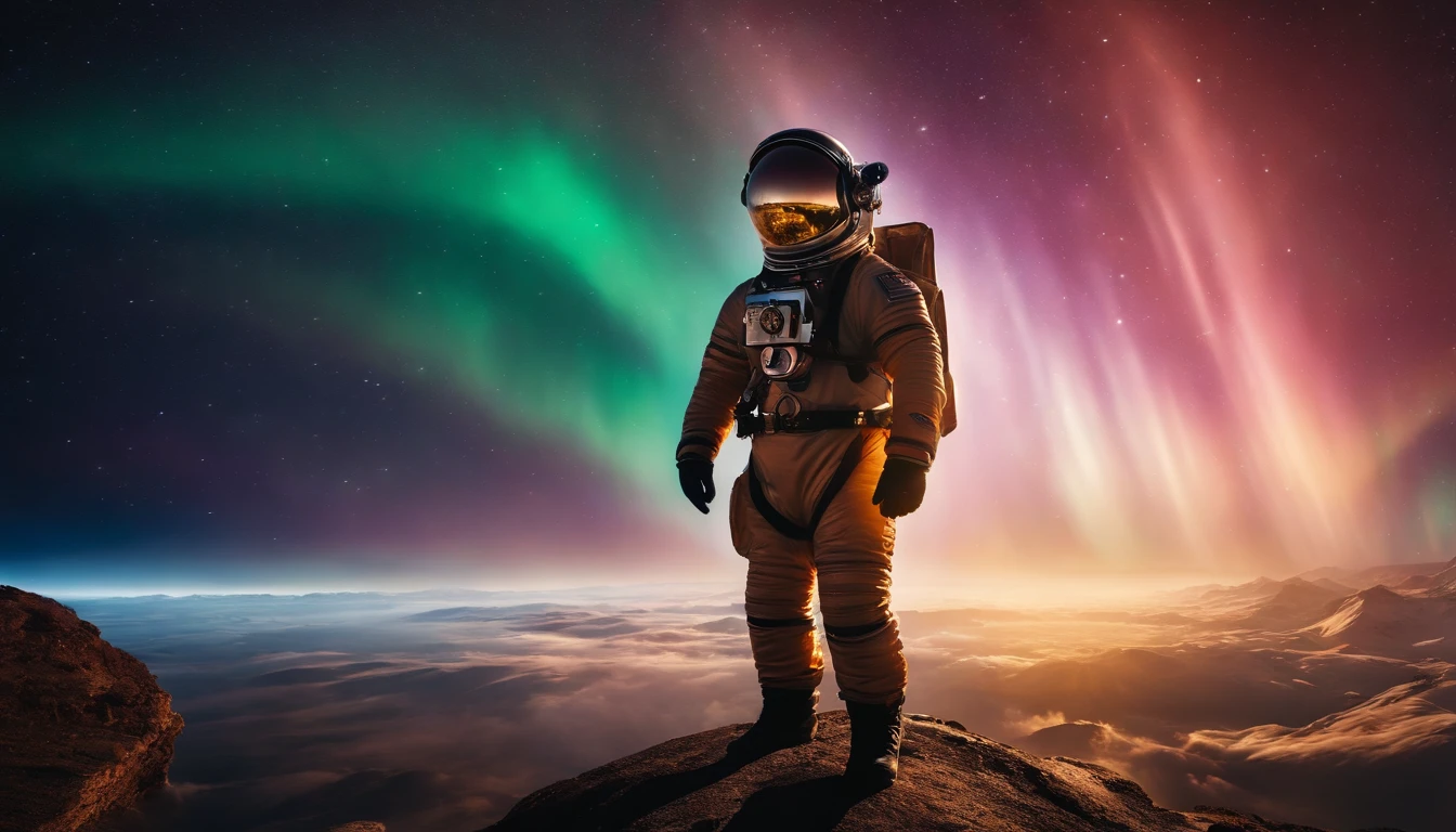 an steampunk astronaut flying in a sea of ​​auroras, colorful aurora in the space, realistic photography, dramatic moment, dynamic composition, detailed astronaut, perfect object, highly detailed, 128k resolution, HDR, ultra hd, masterpiece photography, 500px style, movie color style