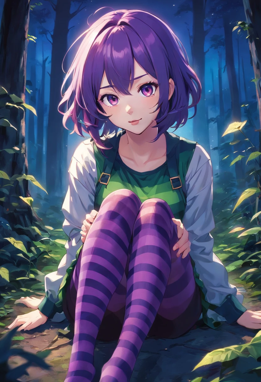 buxom female joker with loose long purple hair in a striped top and striped tights, fairy forest at night, sits with legs slightly spread, looking at viewer