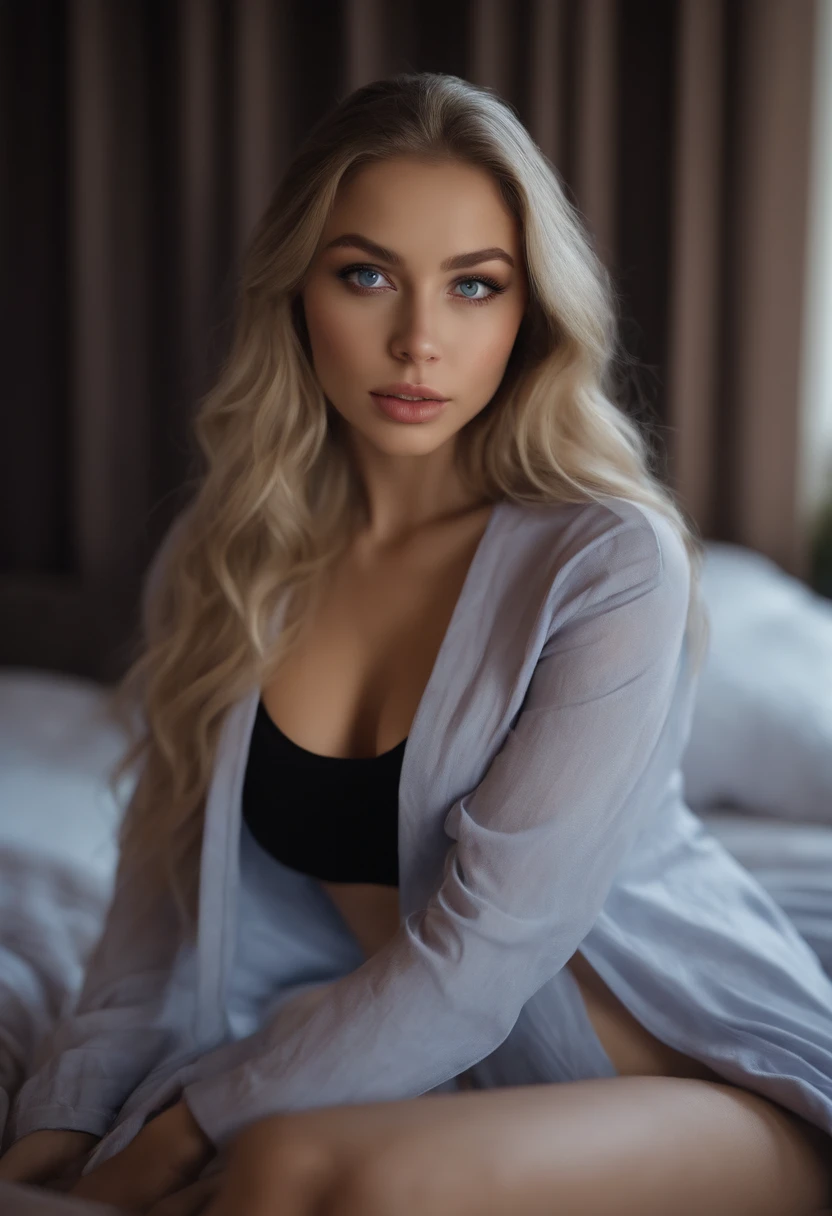 arafed woman fully , sexy girl with blue eyes, ultra realistic, meticulously detailed, portrait sophie mudd, blonde hair and large eyes, selfie of a young woman, bedroom eyes, violet myers, without makeup, natural makeup, looking directly at the camera, face with artgram, subtle makeup, stunning full body shot kneeling on bed, in bedroom, medium to large size bust; ; ;naked