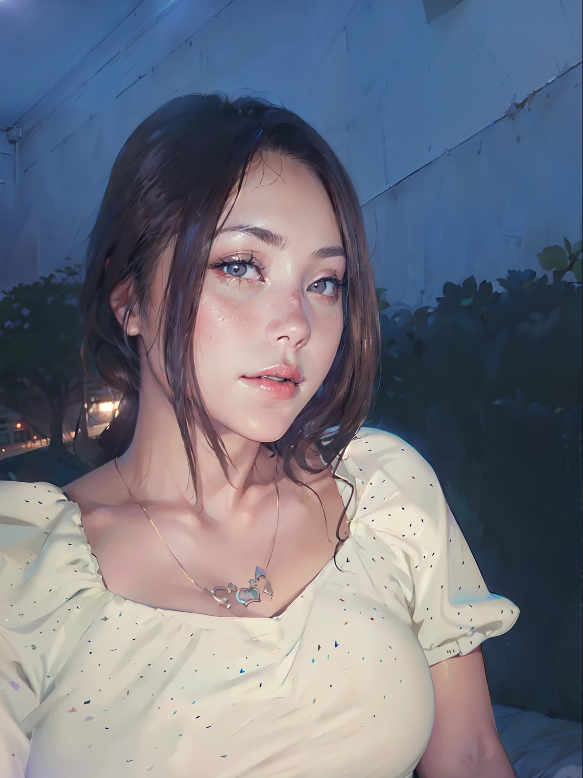 ((Realistic lighting, best qualtiy, 8k, tmasterpiece:1.3)), sharp fokus:1.2, 1girl, Beautiful Women with Perfect Figure:1.4, Slim abs:1.1, ((dark brown hair)), (White crop top:1.4),(exteriors,during night:1.1),Sit on the indoor bed,Ultra-fine face,Fine ey...