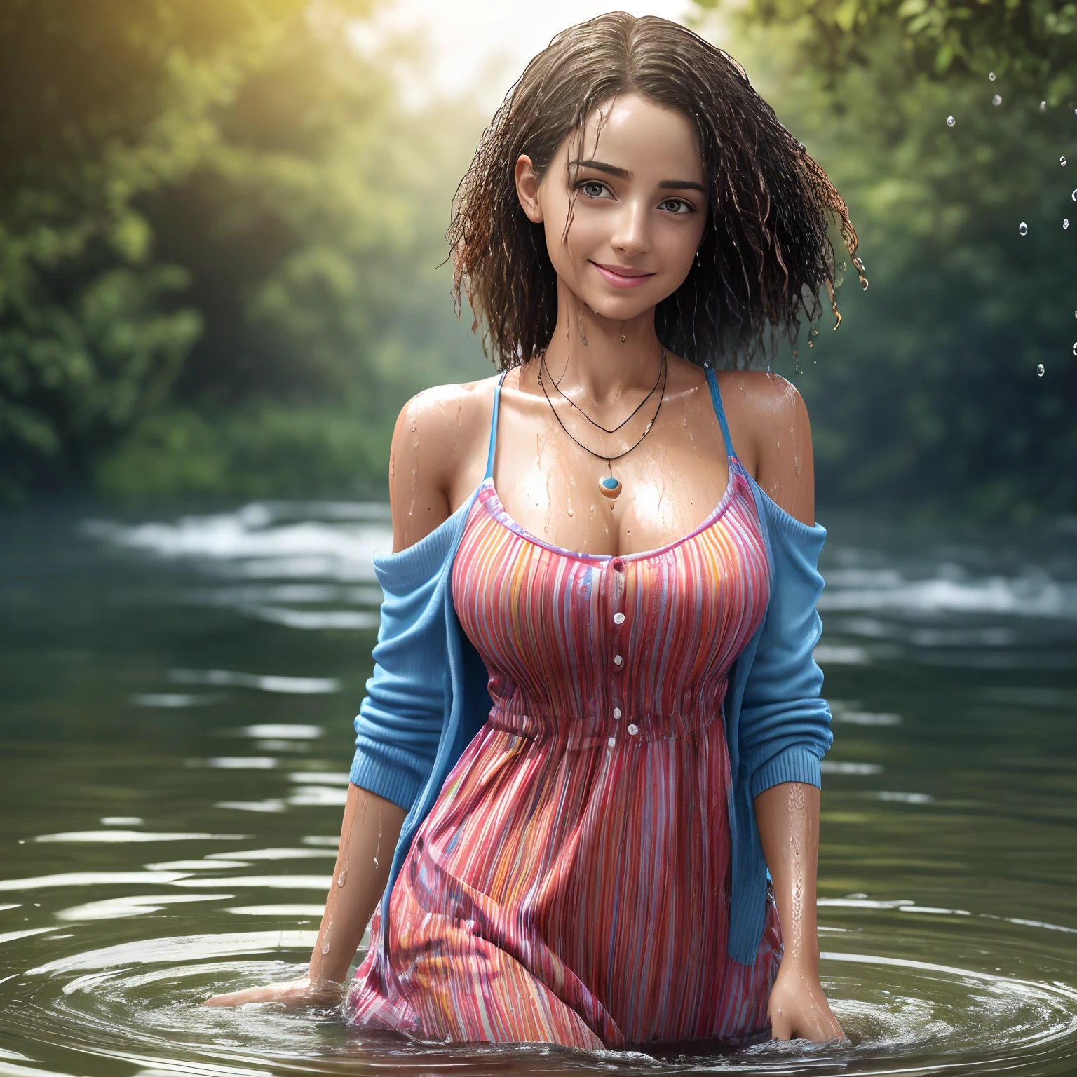 30 yo australian woman sitting in shallow waterfall, in stream, wet clothes, soaked, open buttons, floral sundress, unbuttoned, loose, wet skin, wet hair, clear sunny day, shadows, tranquil, soaked in oil, dripping oil, dripping water, running water, high resolution, best quality, sexy, wet straight dark hair, 8k, transparent, undone buttons, wet, jewelry, nsfw, large breasts, looking at viewer, smile, varied poses