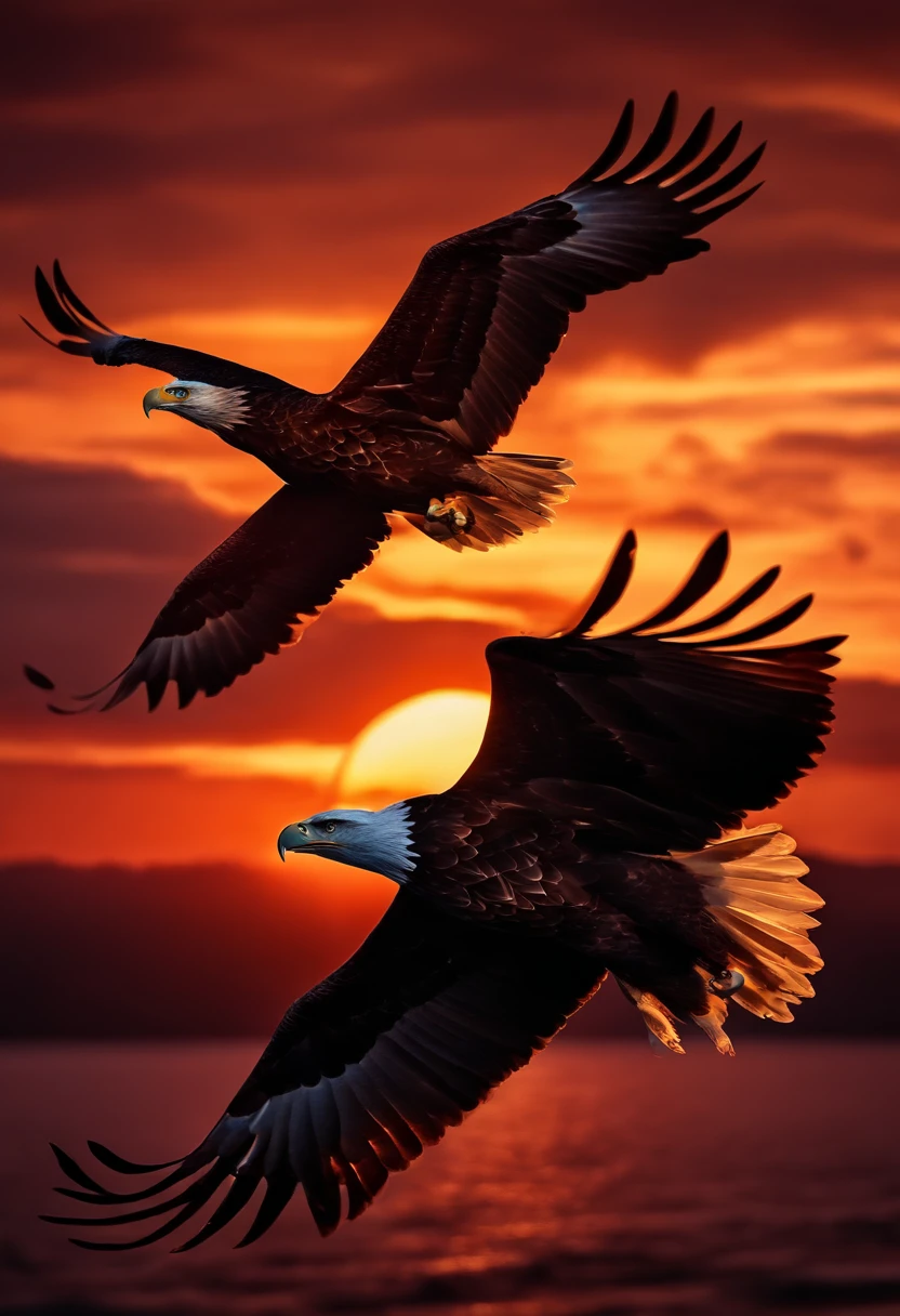 (extremamente detalhado CG unidade 8k papel de parede, master part, best quality), stunning sunset, majestic eagle flying over the horizon.