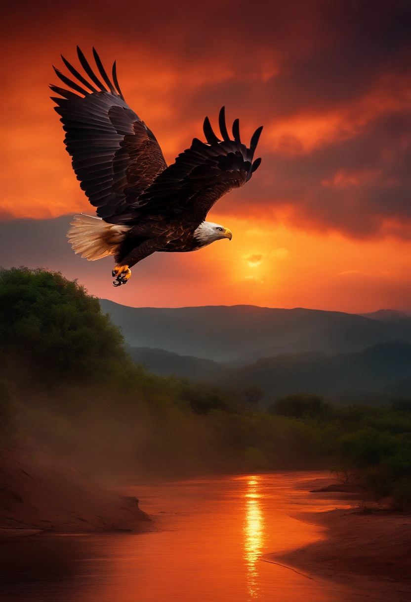 (extremamente detalhado CG unidade 8k papel de parede, master part, best quality), stunning sunset, majestic eagle flying over the horizon.