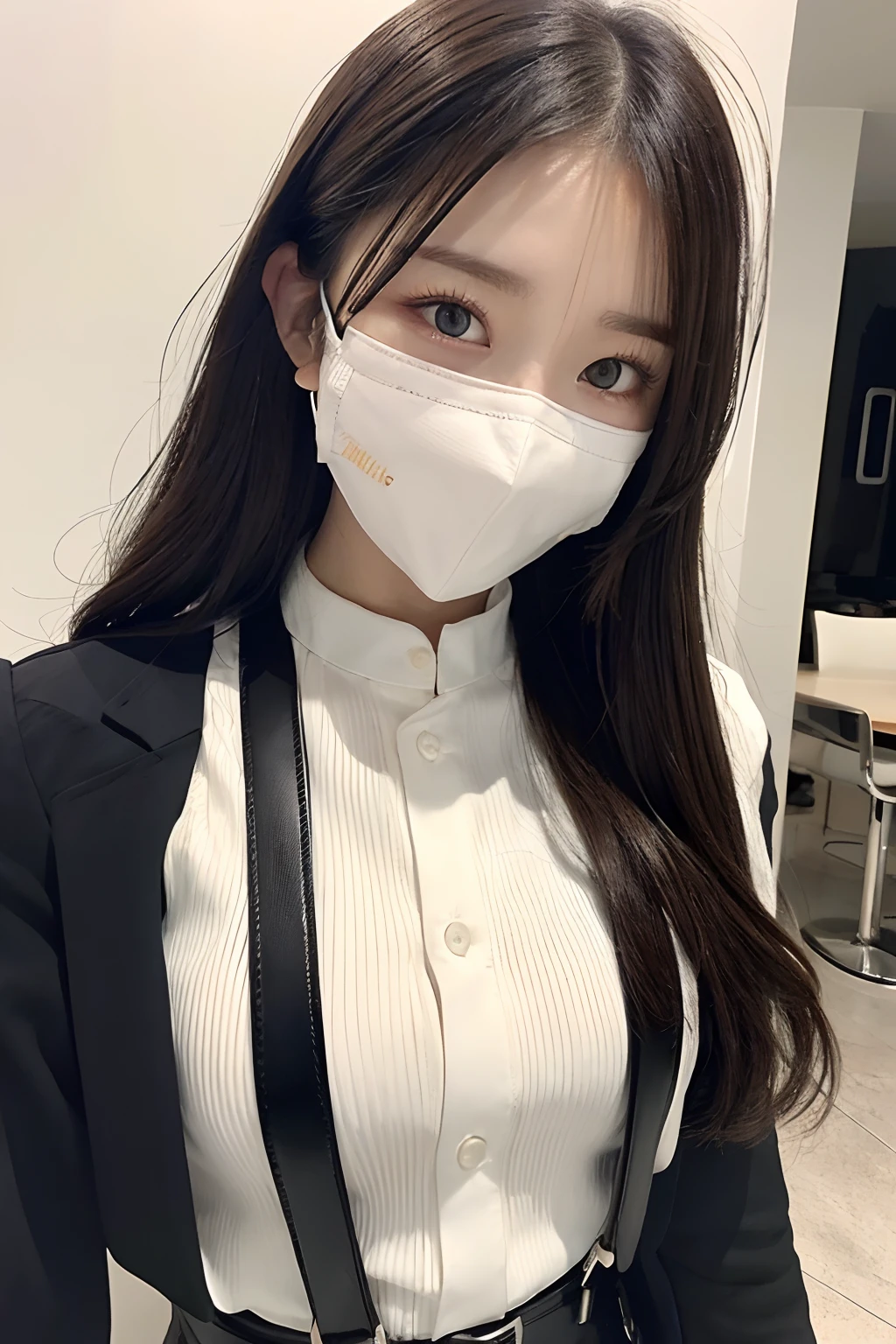 ​masterpiece、top-quality、The ultra -The high-definition、、colourfull、flat-colors、depth of fields、lens flare 1 girl、、A dark-haired、watching at viewers　　Cutter shirt　a belt　suspenders　working adults　materia　OL　Black Suit　Black jacket　glares　huge-breasted　a miniskirt　garterbelts　knee high　Stockings　Black Neeso Mask　Rat-colored eyes