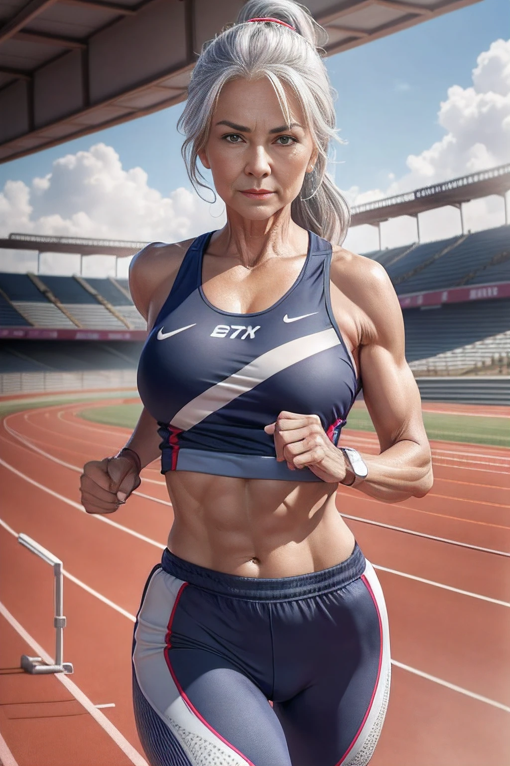 65-year-old woman with gray hair, seductive gaze, a lot of wrinkles on her face, 8k, ultra realistic, realistic, realism, extra realistic, ultra detailed, detailed background, wrinkles on body, showing full body, detailed body, detailed face, detailed eyes, detailed background, Top image quality, hight resolution、small tits、Sleeveless uniforms on land、track and field old athlete、high-ponytail Hairstyle、no bra, A slight smile))、red lipsticks、Walk along of the athletics stadium、NSFW:1.2, On both hands and hips、Navel is visible、((Thigh Raising Training))、((Running on the track))、(((see the whole body)))
