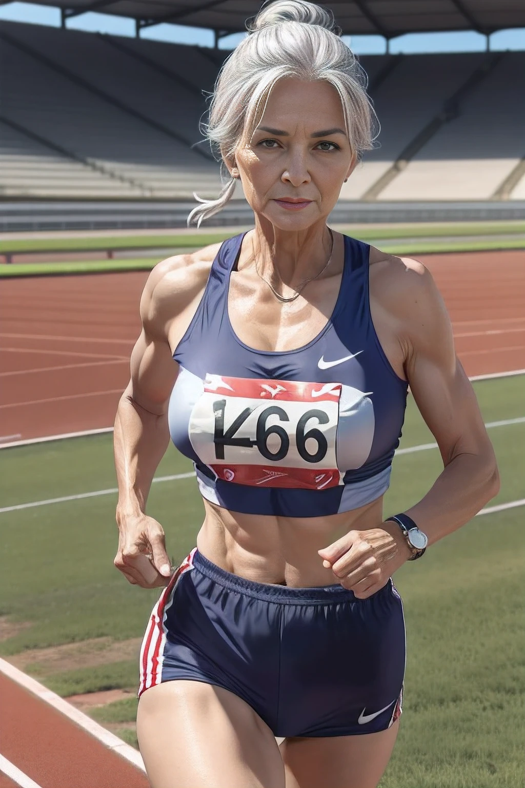 65-year-old woman with gray hair, seductive gaze, a lot of wrinkles on her face, 8k, ultra realistic, realistic, realism, extra realistic, ultra detailed, detailed background, wrinkles on body, showing full body, detailed body, detailed face, detailed eyes, detailed background, Top image quality, hight resolution、small tits、Sleeveless uniforms on land、track and field old athlete、high-ponytail Hairstyle、no bra, A slight smile))、red lipsticks、Walk along of the athletics stadium、NSFW:1.4, On both hands and hips、Navel is visible、((Thigh Raising Training))、((Running on the track))、(((see the whole body)))