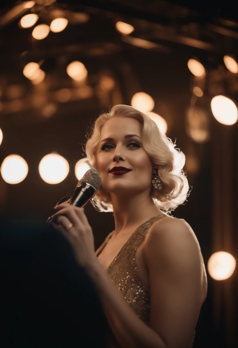 Best quality, masterpiece, super detailed high resolution, (realistic: 1.4),razor sharp focus, intricate detail, a beautiful woman, 1920s swing singer, on stage, blonde hair (cinematic lighting:1.1), photographed on a Fujifilm X-H2S, 90mm F/8 Macro Lens, with expired Kodak VISION3 500T color negative film, 8k, (full body:1.0)