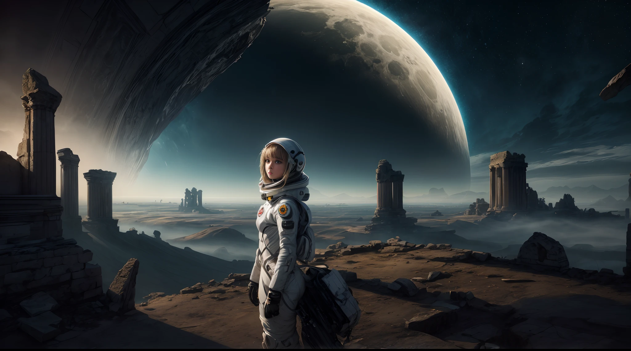An otherworldly landscape bathed in the soft, ethereal light of multiple moons, where a closeup beautyful girl in a futuristic spacesuit gazes up in wonder, surrounded by floating islands and ancient, mysterious ruins.