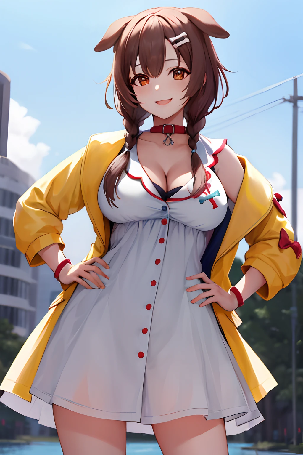 masterpiece, best quality, highres, ik1, 1girl, white dress, yellow jacket, dog tail, animal collar, cleavage, large breasts, wristband, cartoon bone, hairclip, cowboy shot, standing, outdoors, smile, hand on hip,