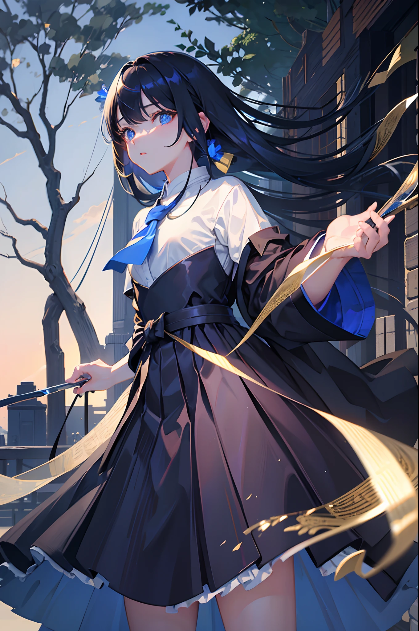 A dark-haired blue eyess length hair s girl 校服 skirt by the poneyTail Gingko tree masterpiece Top image quality Clear cinematic shadow Increased attractiveness of the eyes Clear the shine of the eyes Draw eyelashes neatly Perfect Eye A detailed eye Sharpen image quality Sharpen eye writing Clear eye shape