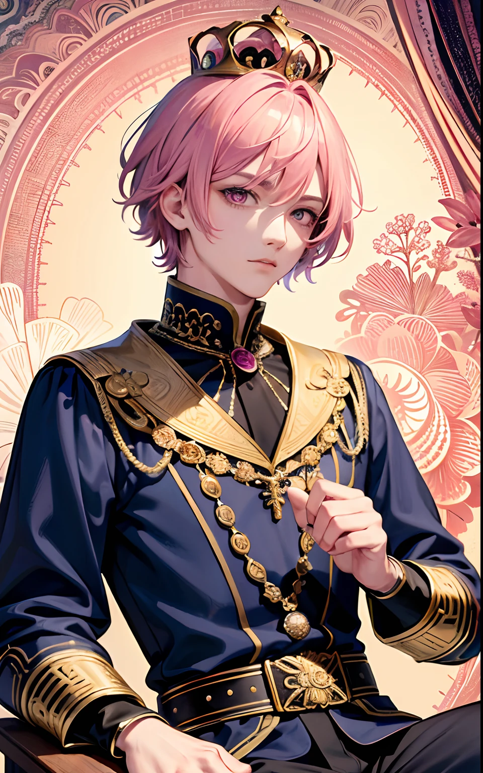 masterpiece, top quality, best quality, official art, beautiful and aesthetic:1.2), (1man), man, young man, man of 16, treme detailed,(fractal art:1.3),colorful,highest detailed, pink hair, short hair, pink eyes, prince, thin, sitting, holding crown, mask on face, abtract background
