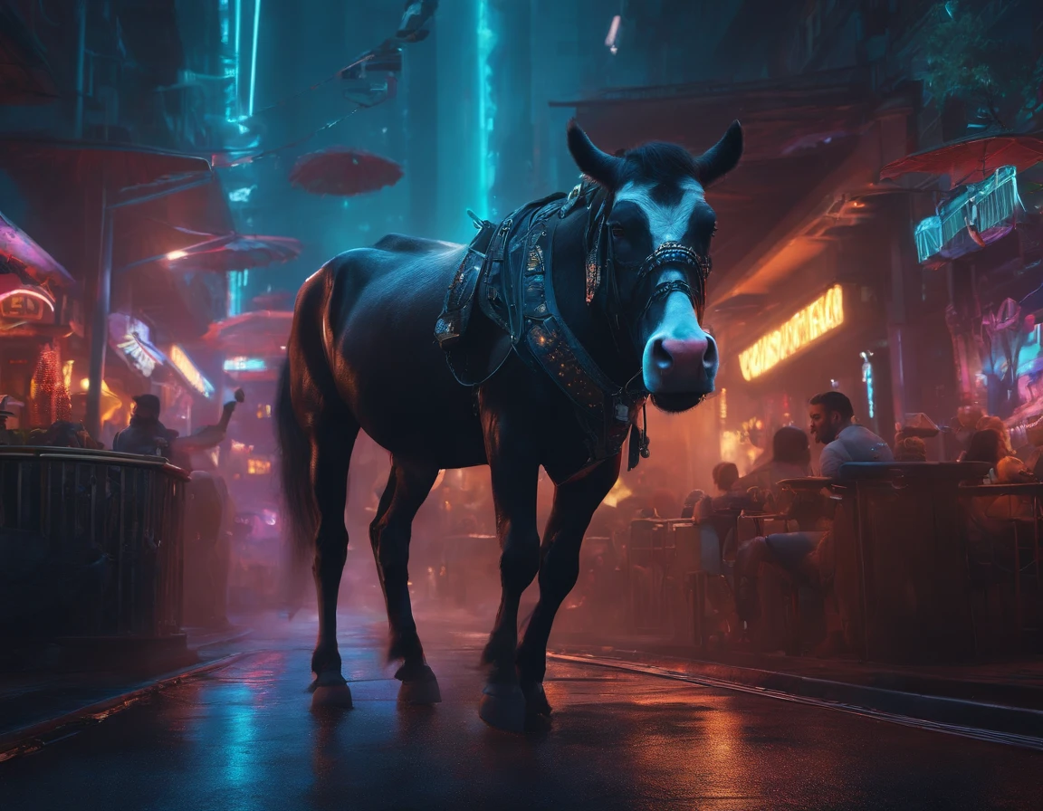 Vacas e cavalos com capuzes andam na cena noturna do cyberpunk