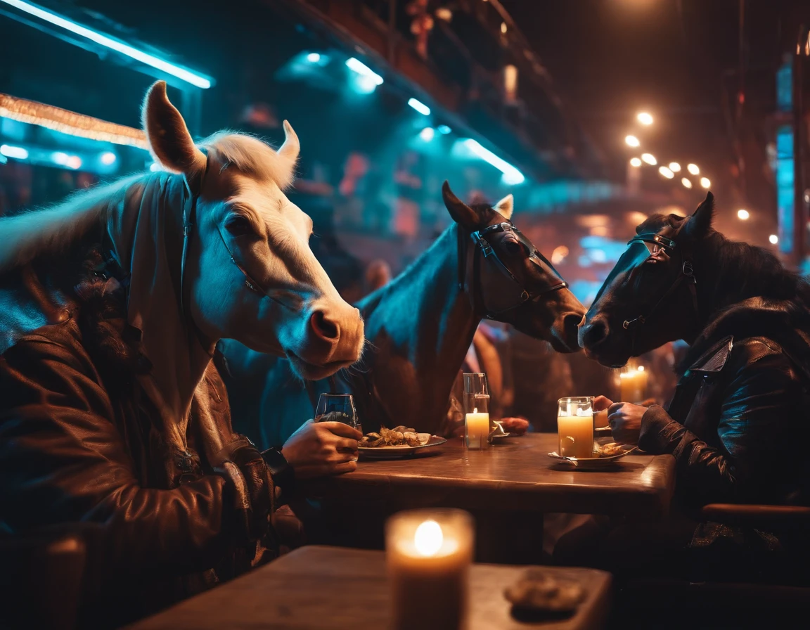 Vacas e cavalos com capuzes andam na cena noturna do cyberpunk