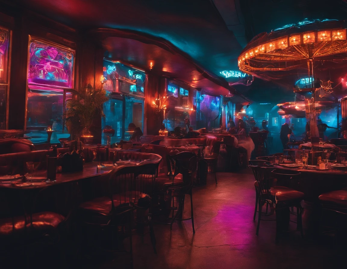 Vacas e cavalos com capuzes andam na cena noturna do cyberpunk