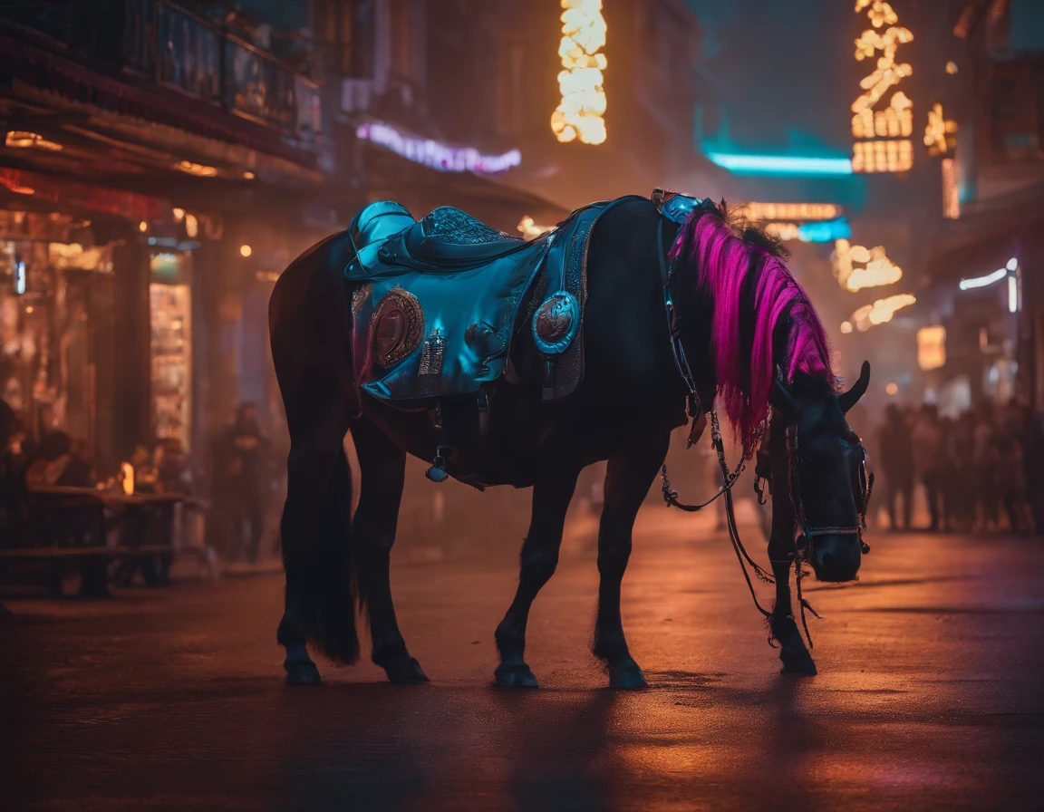 Vacas e cavalos com capuzes andam na cena noturna do cyberpunk