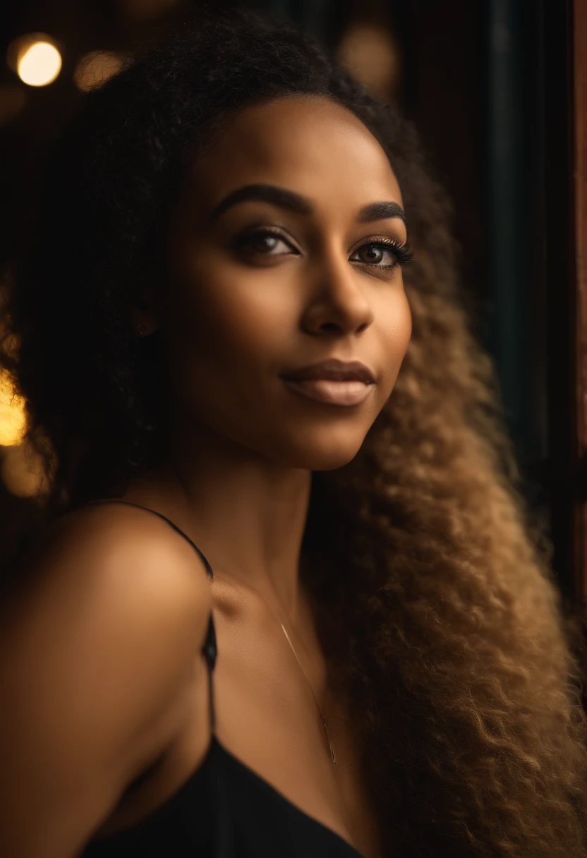 (selfie shot, from above: 1.4), (half-body portrait: 1.4), 24-year-old black mixed-race woman, green eyes (green-eyed woman),beautifull black long hair with blond highlights, walking in a bar RAW uhd portrait photo, natural big breast_b, city background at night, (yellow sundress), (crack), detailed (texture!, hair!, shine, color!!, flaws: 1.1), (looking at camera), specular light, dslr, extreme quality, sharp focus, sharp, dof, Film grain, (centered), Fujifilm XT3, crystal clear, center of frame, cute face, sharp focus, street lamp, neon lights, bokeh, (dark light), low key, night, (night sky ) detailed skin pores, oil light skin,