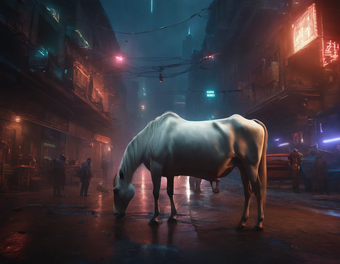 Cows and horses with hoods walk in the night scene of cyberpunk