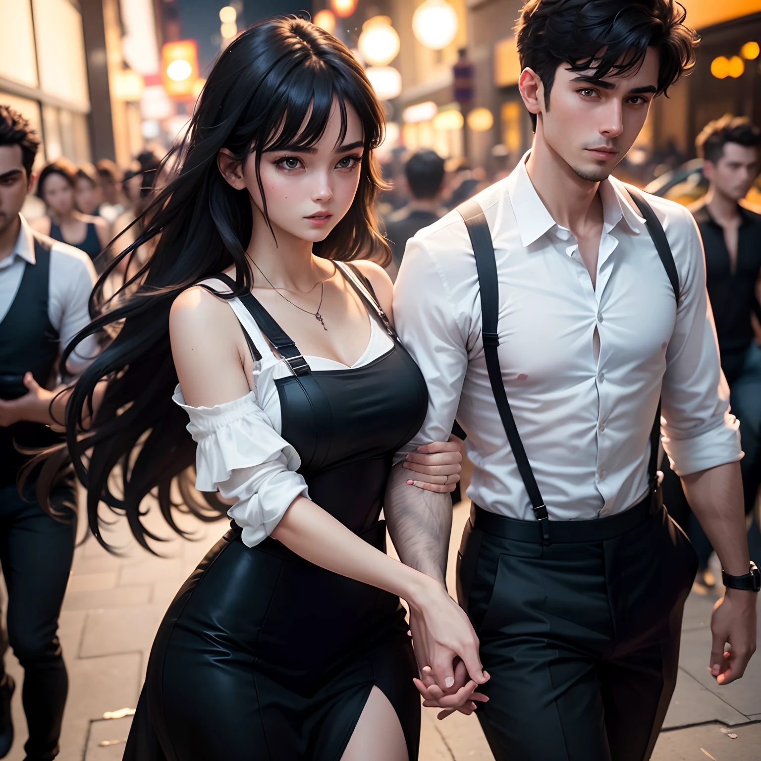 Guy and girl coming out of the club in an embrace, Girl in a black dress and with dark hair, Guy in white shirt with suspenders and gray pants dark-haired, The action takes place at night