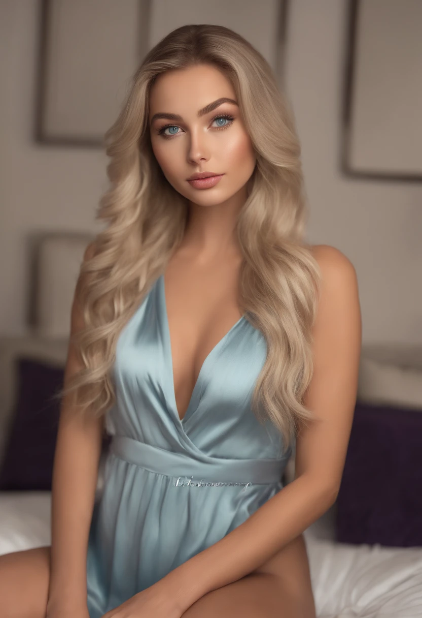 arafed woman fully , sexy girl with blue eyes, ultra realistic, meticulously detailed, portrait sophie mudd, blonde hair and large eyes, selfie of a young woman, bedroom eyes, violet myers, without makeup, natural makeup, looking directly at the camera, face with artgram, subtle makeup, stunning full body shot kneeling on bed, in bedroom, medium to large size bust, very nsfw