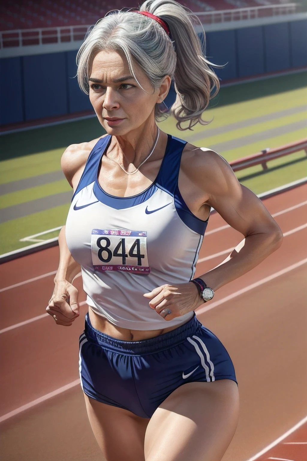 65-year-old woman with gray hair, seductive gaze, a lot of wrinkles on her face, 8k, ultra realistic, realistic, realism, extra realistic, ultra detailed, detailed background, wrinkles on body, showing full body, detailed body, detailed face, detailed eyes, detailed background, Top image quality, hight resolution、small tits、Sleeveless uniforms on land、track and field old athlete、high-ponytail Hairstyle、no bra, A slight smile))、red lipsticks、Walk along of the athletics stadium、NSFW:1.4, On both hands and hips、Navel is visible、((Thigh Raising Training))、((Running on the track))、(((see the whole body)))