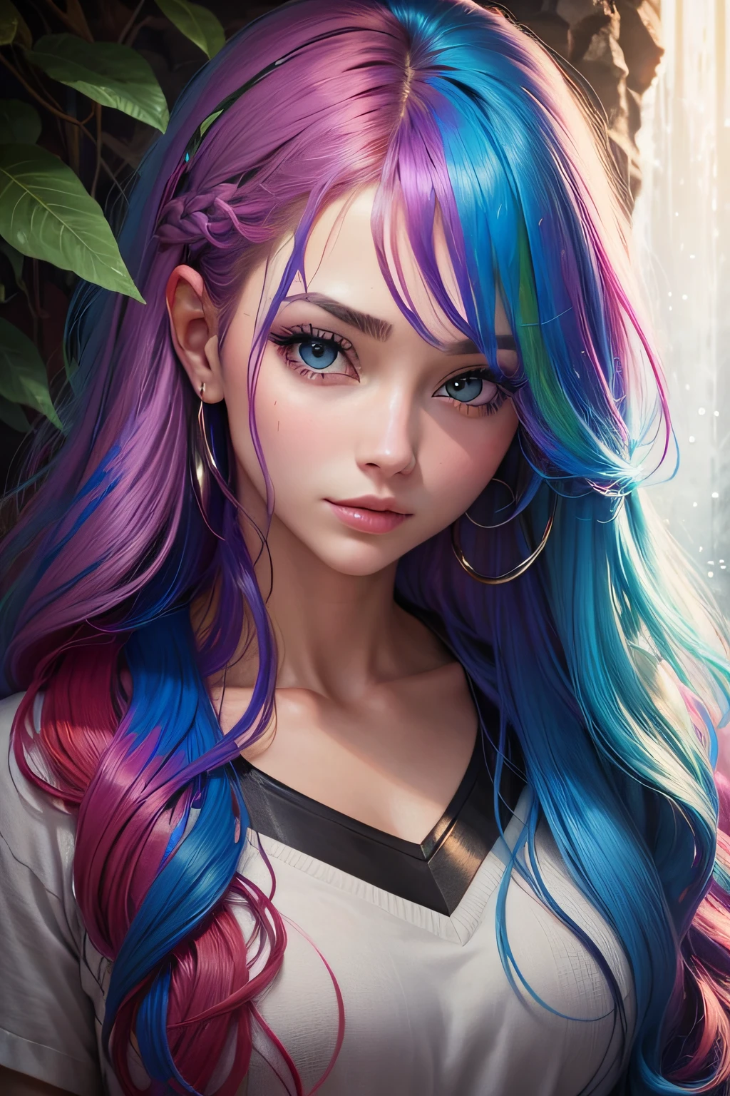 beautiful face of a woman whose hair is a waterfall of paint of various colors