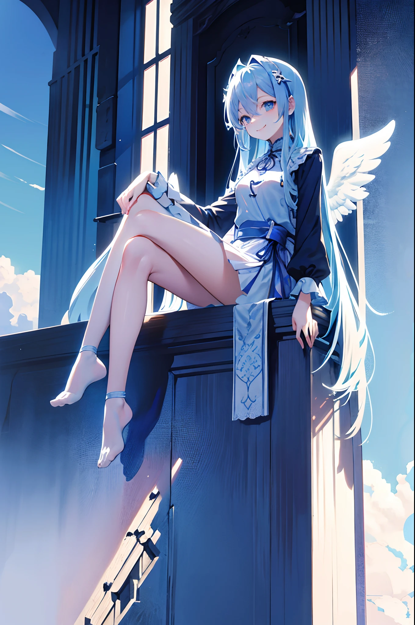masterpiece, highest quality, highest resolution, clear_image, detailed details, light blue hair, long hair, one girl, light blue eyes, white pantyhose, black military clothing, light blue scarf, light blue wings (4 wings), cute, full body, no water marks