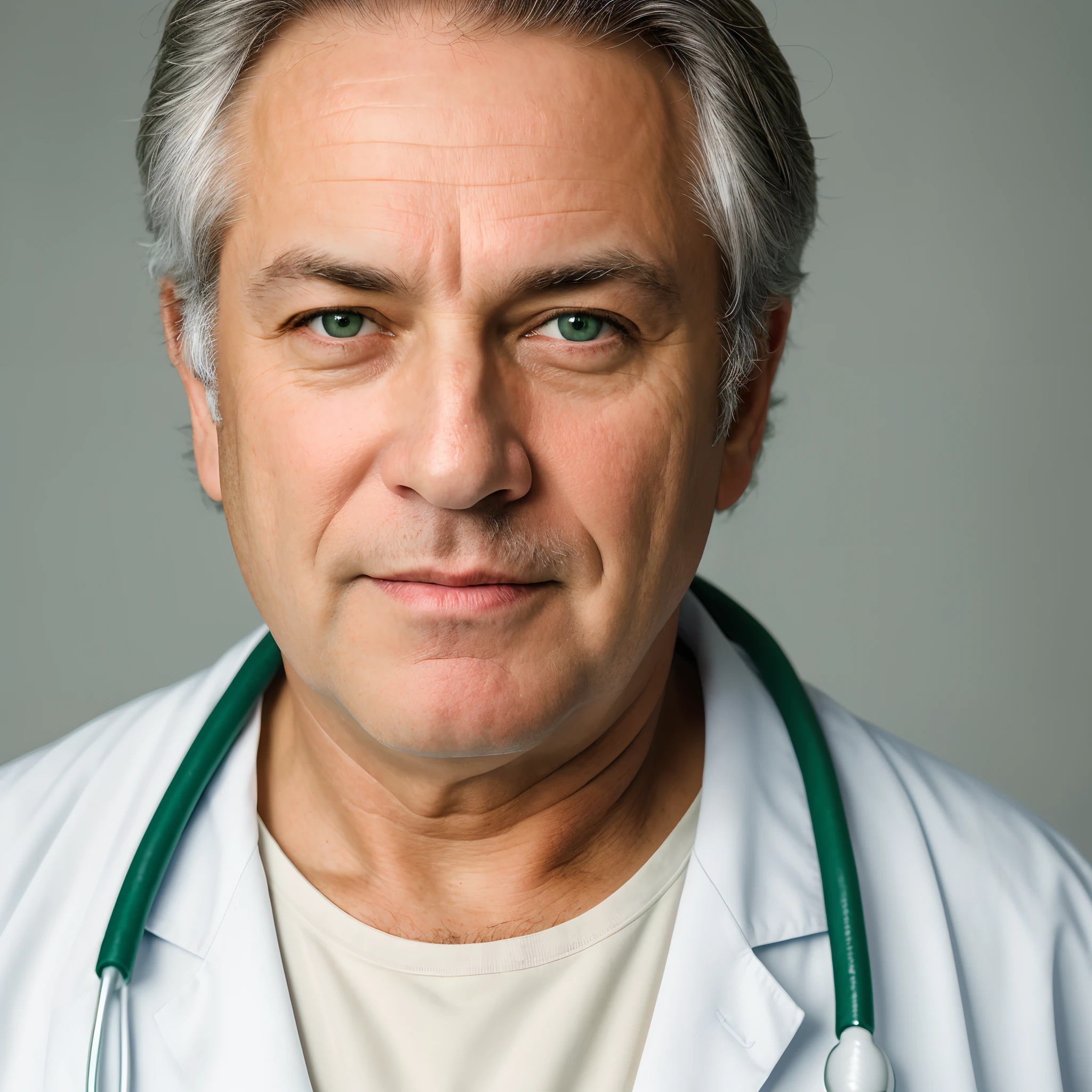 front view, looking at camera, RAW photo, ((white doctor shirt: 1.2)), ((portrait)), beautiful gray hair, 50 year old man, green eyes, perfect eyes, ((white background: 1.2) ), studio lighting, high quality, film grain, Fujifilm XT3, centered
