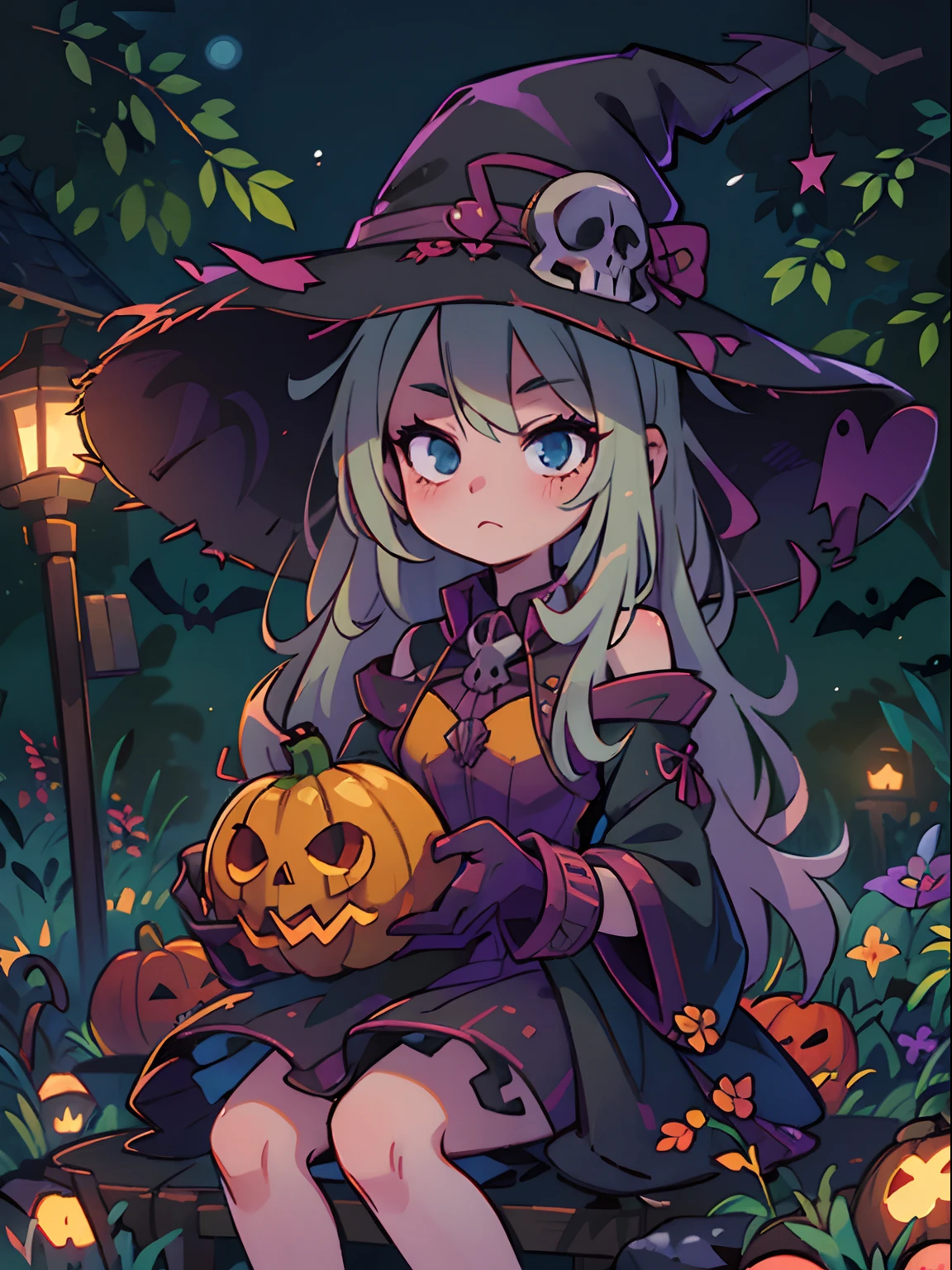 anime 1girl witch, halloween party, night, darkness, moonlight, skull, pumpkin, luminescence, innocence