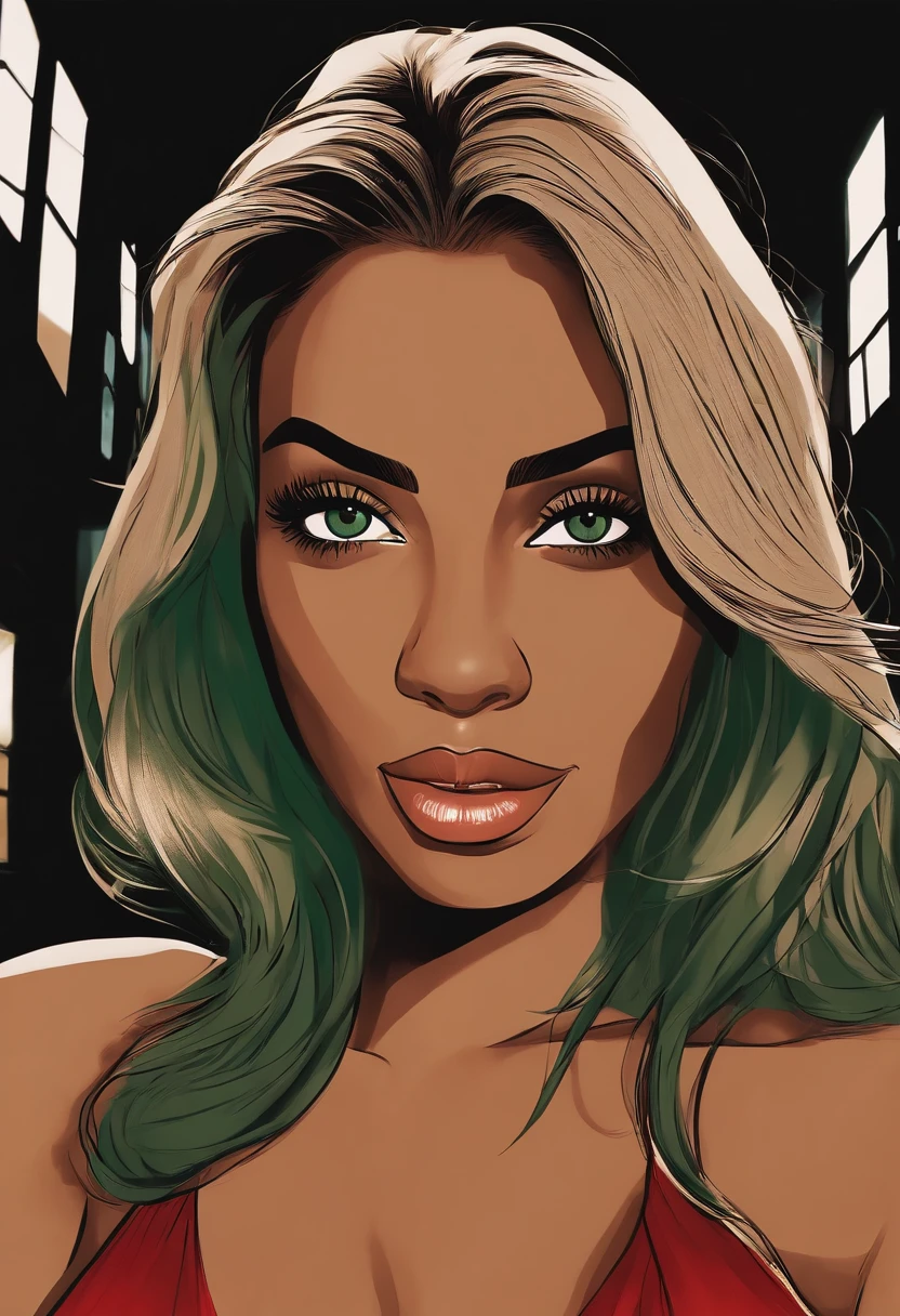 (selfie shot, from above:1.4), (half body postrait:1.4), RAW uhd portrait photo of a 24-year-old black mixed-race woman (green-eyed woman) walking down a dark alleyway, natural breasts_b, nighttime city background, (red sundress), (cleavage), detailed (textures!, hair!, shine, color!!, imperfections:1.1), highly detailed glossy eyes, (looking at the camera), specular lighting, dslr, ultra quality, sharp focus, tack sharp, dof, film grain, (centered), Fujifilm XT3, crystal clear, center of frame, cute face, sharp focus, street lamp, neon lights, bokeh, (dimly lit), low key, at night, (night sky) detailed skin pores, oiled skin, tan, intricate eye detail